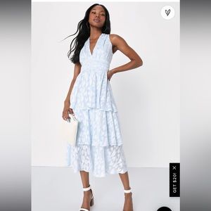 Make It Mesmerizing Light Blue Jacquard Tiered Midi Dress